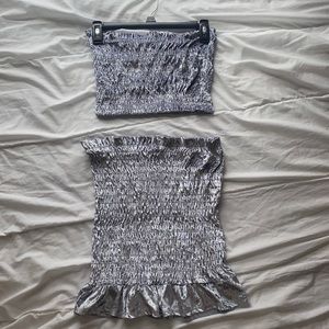 Fashion Nova Metallic Silver Two-Piece Tube Top with Mini Skirt High Waisted